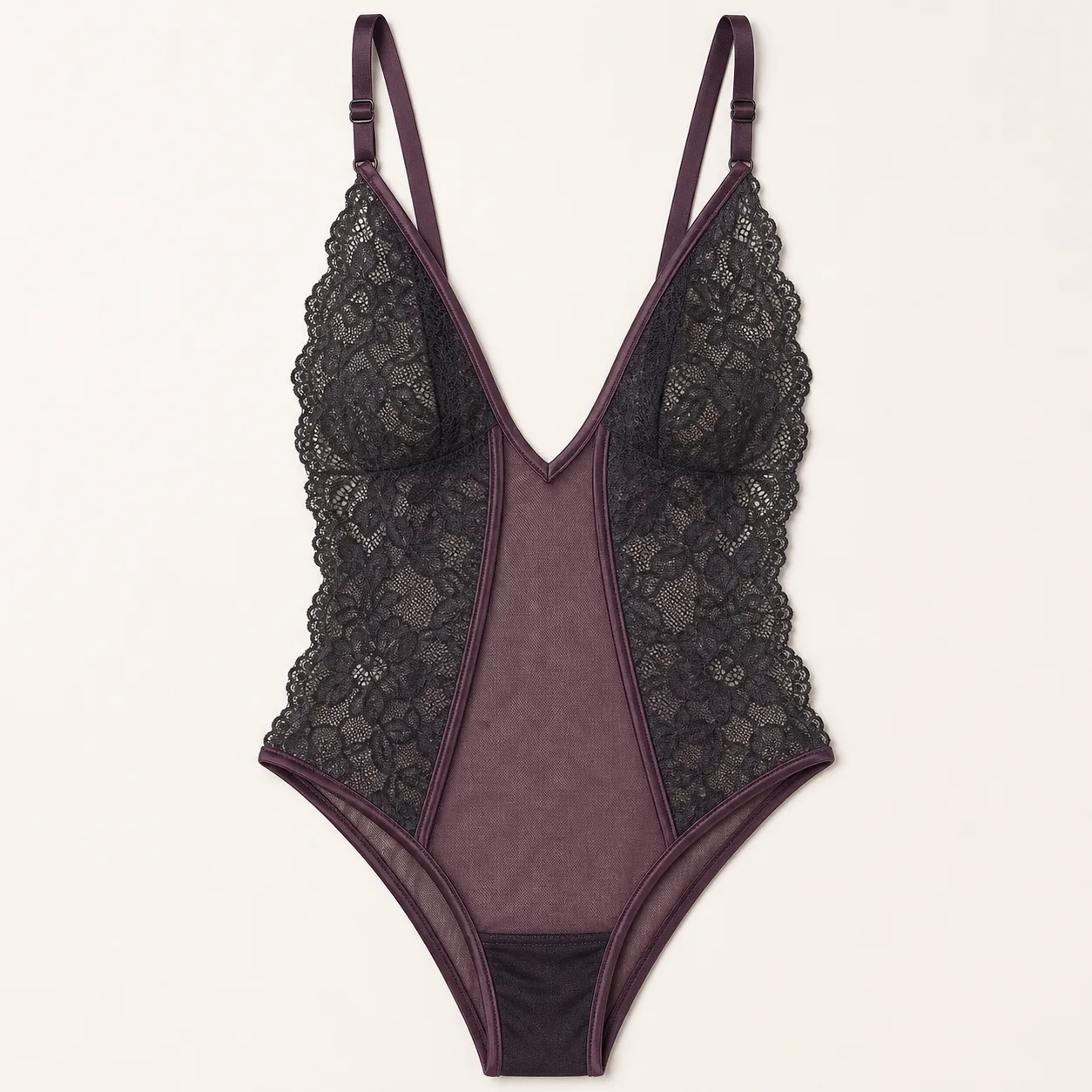 Three-Panel Scallop-Lace Deep-V Teddy