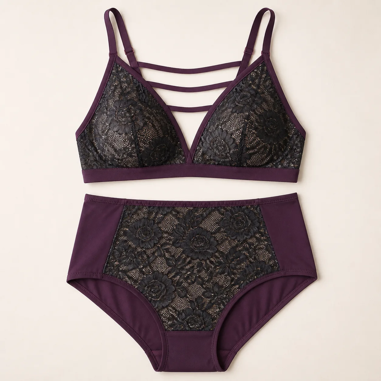 Triple-Band Floral-Lace Bralette and High-Waist Brief Set