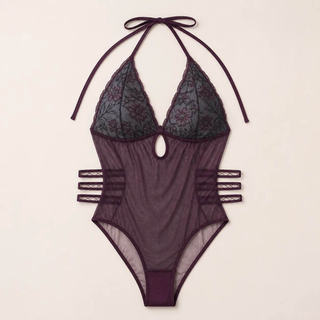 Triple-Lattice-Waist Keyhole Halter Lace Teddy
