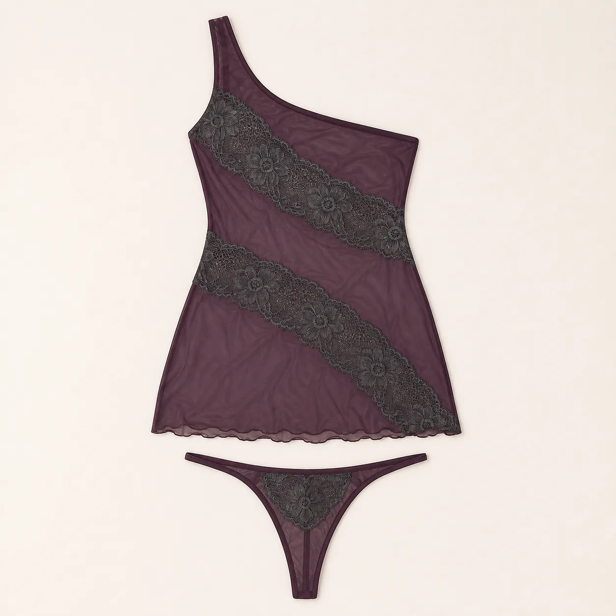 Twin-Sweep One-Shoulder Mesh Chemise and Thong Set
