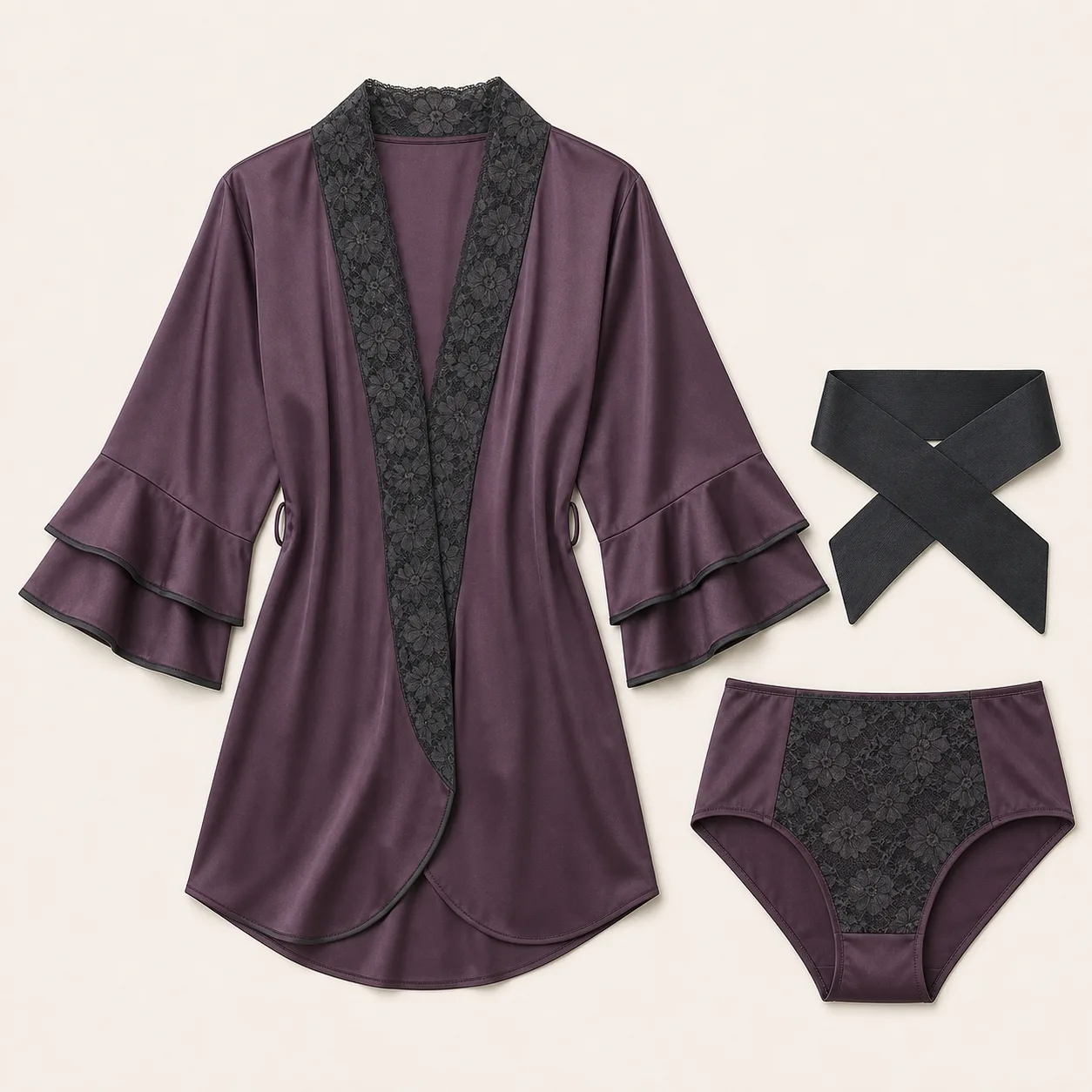 Two-Tier Flounce-Sleeve Satin-Look Kimono Robe with Floral-Lace Shawl Collar, Wide Obi Belt and High-Waist Brief