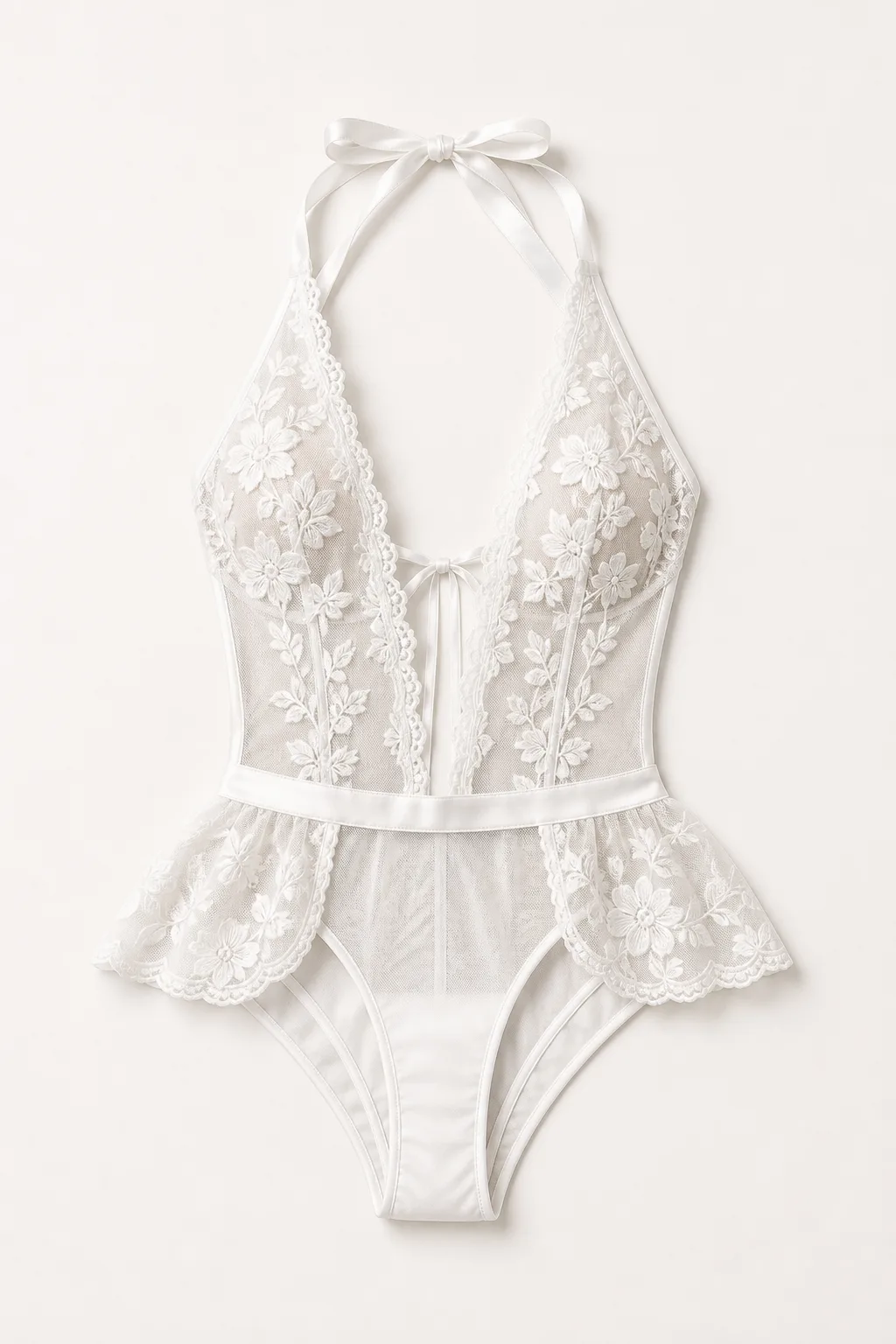 ECMLN 22QQ978 White Halter Lace Peplum Bodysuit: S-L