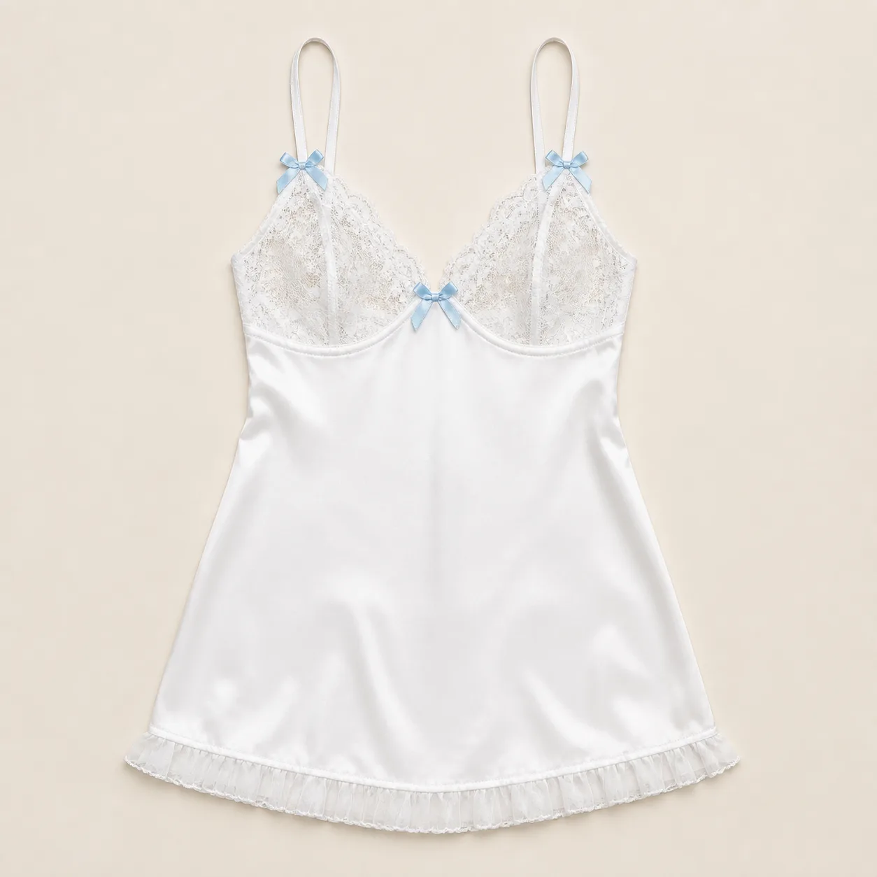 White Lace-Bust Satin Spaghetti-Strap Nightdress with Blue Bows