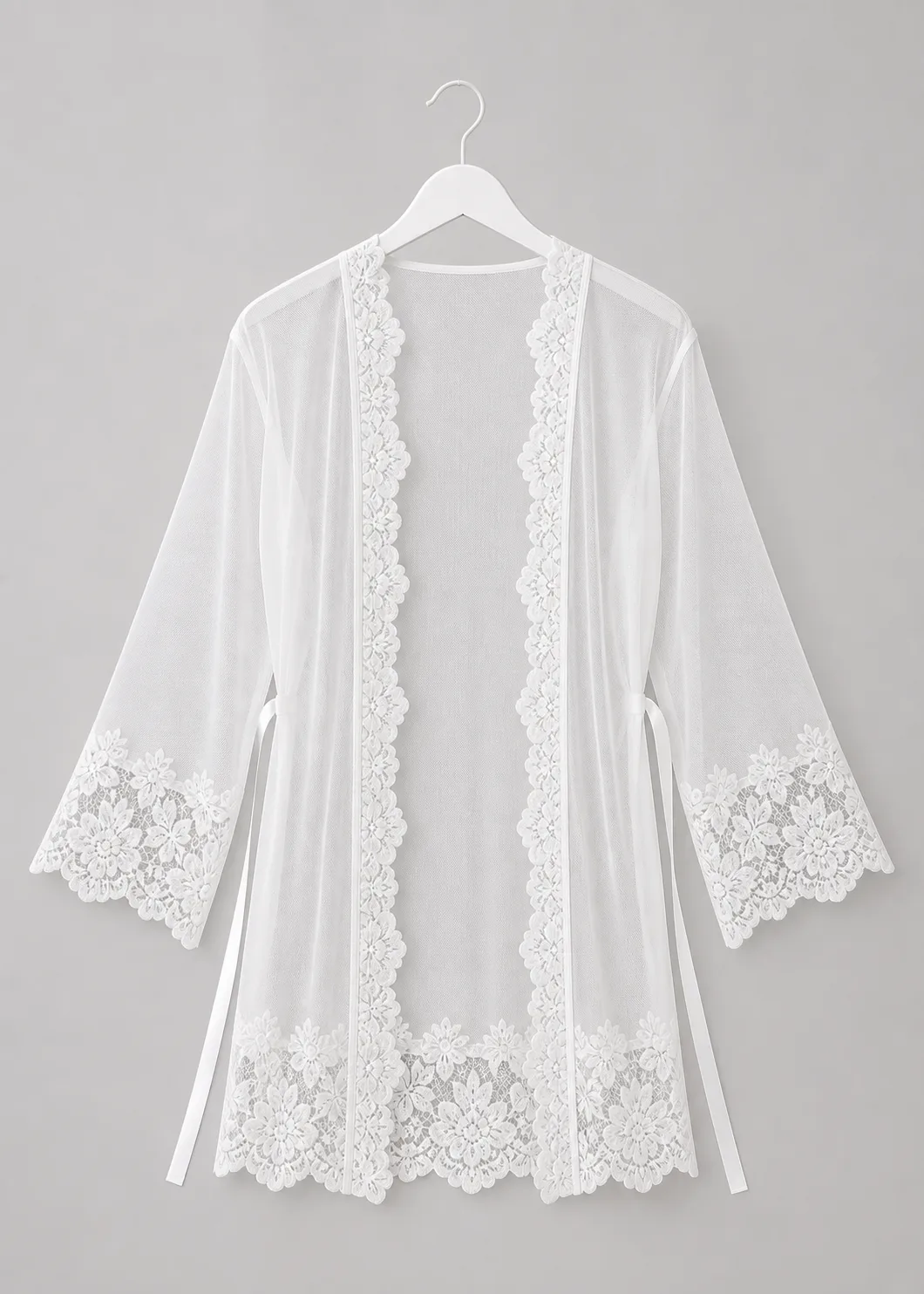 White Sheer-Mesh Kimono Robe with Scalloped Floral Lace Trim