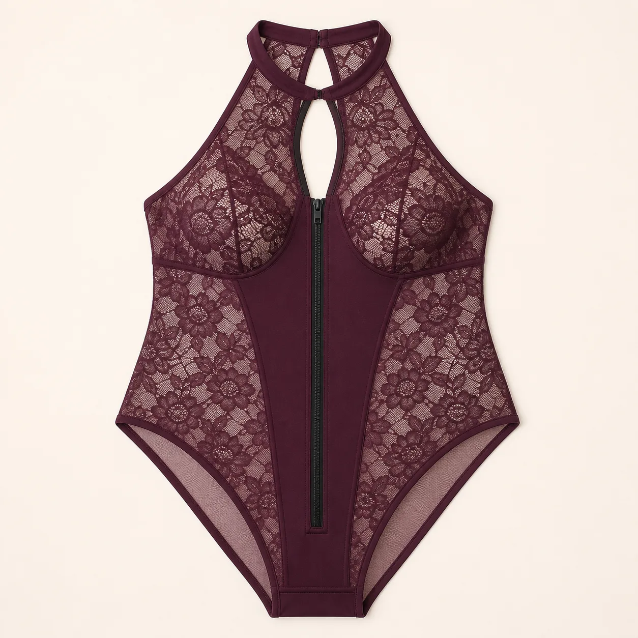 Plus-Size Floral Lace Front-Zip Halter Teddy – Black or Purple