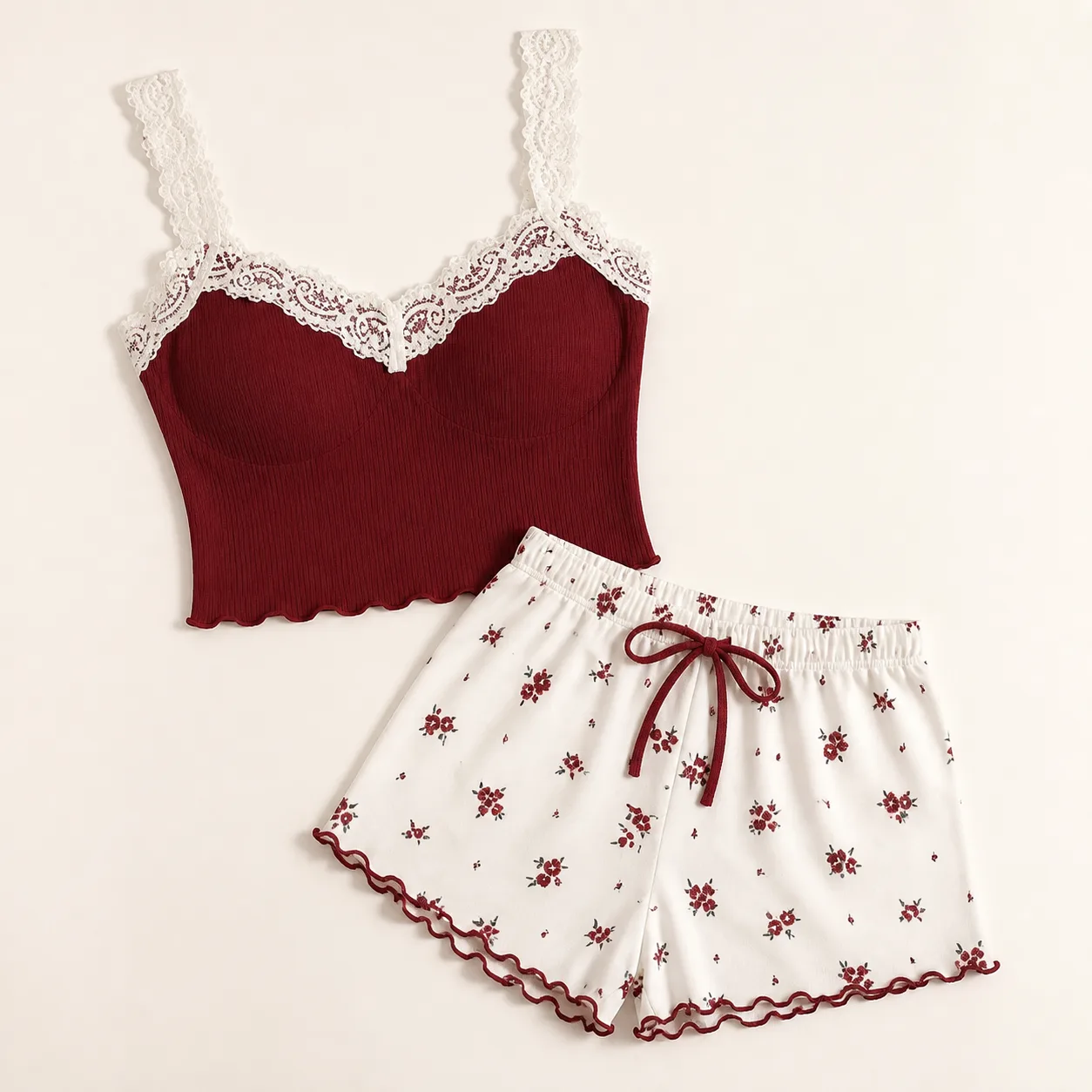 Floral Lace Camisole and Shorts Sleepwear Set