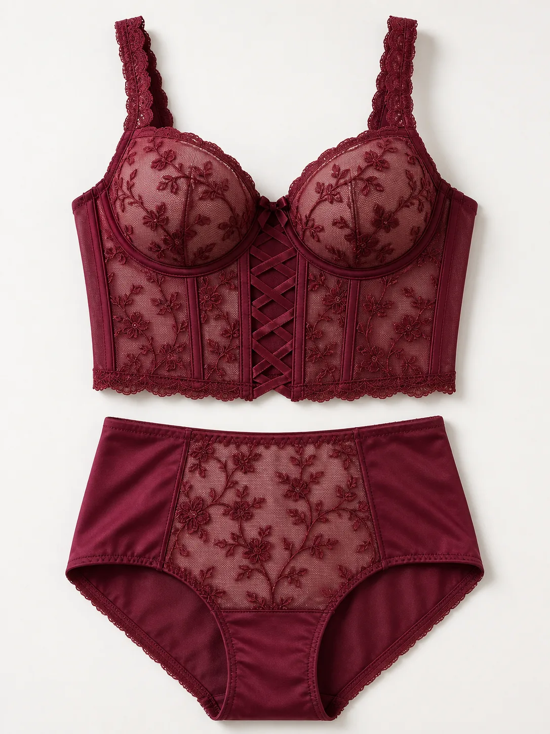 SMOOTH JM930 Wine-Red Embroidered Longline Bra and Brief Set: 0XL-5XL