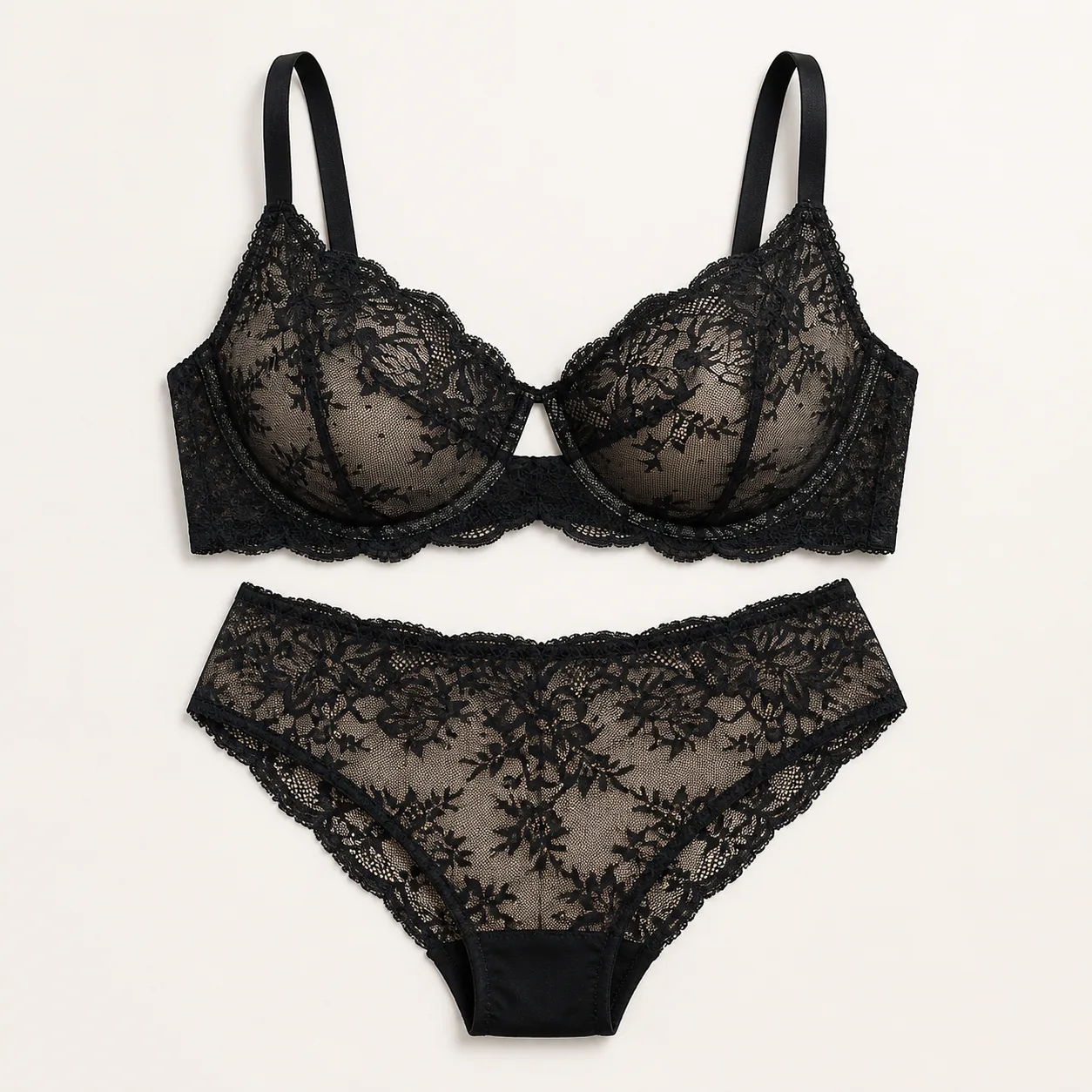 WLGb63056 Black Unlined Underwire Lace Bra Set
