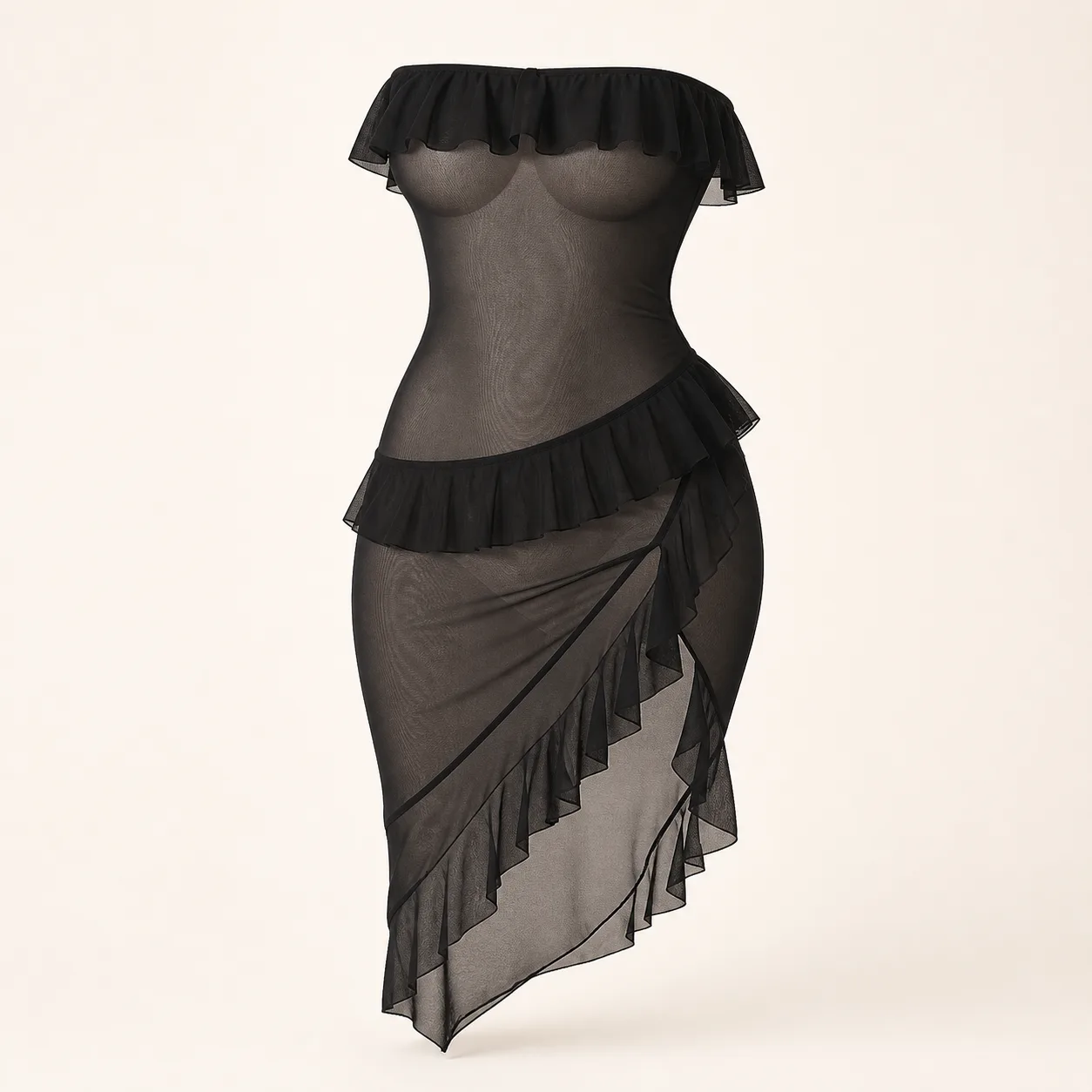 Yifeier YFE-6B92 Black Strapless Ruffle Mesh Chemise