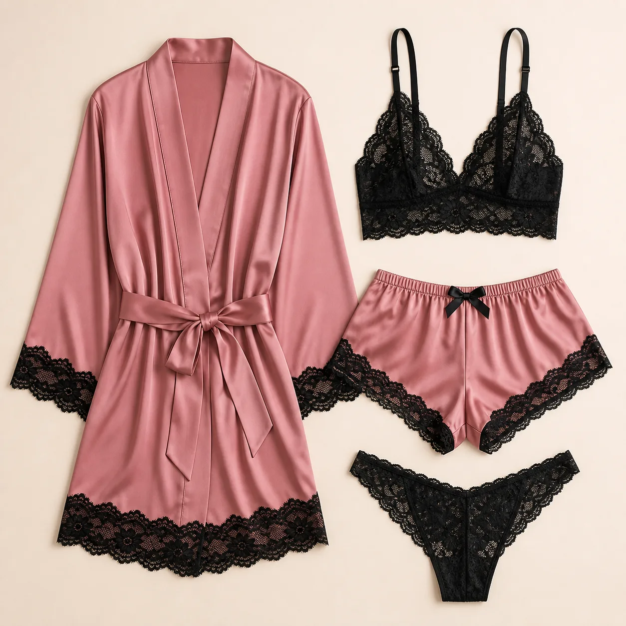WDIRARA YJZQ016 Dusty-Rose Four-Piece Satin-Lace Robe Set: S-XXL